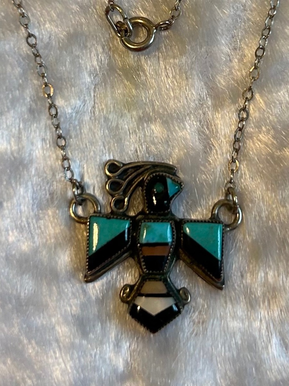 🍀Sterling Turquoise Inlay Thunderbird Pendant Necklace